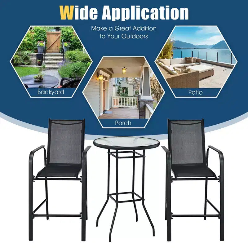 Costway 3 PCS Outdoor Patio Bar Table Stool Set Height Tempered Glass Top