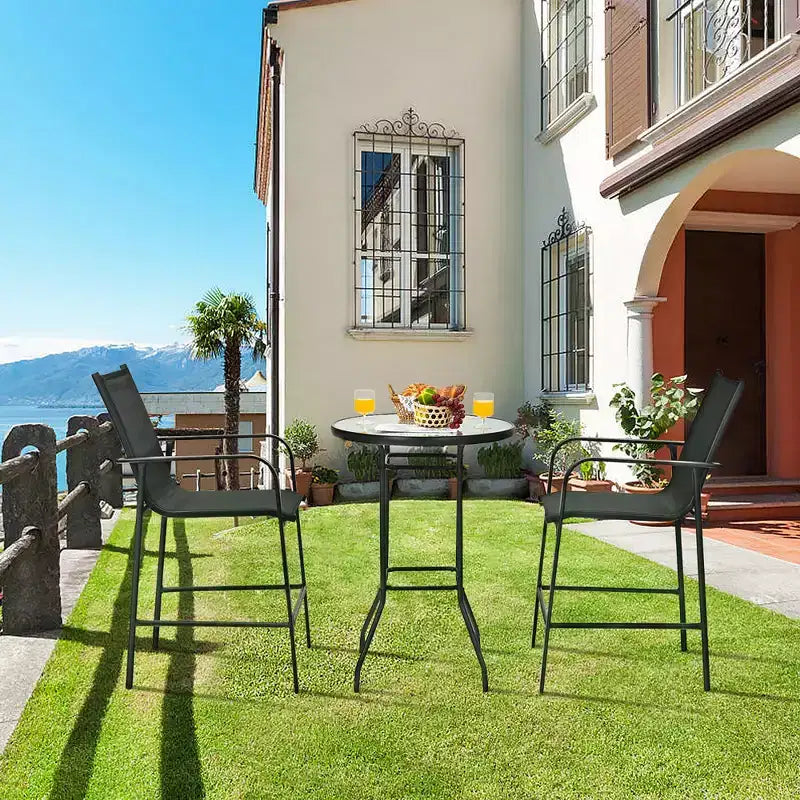 Costway 3 PCS Outdoor Patio Bar Table Stool Set Height Tempered Glass Top