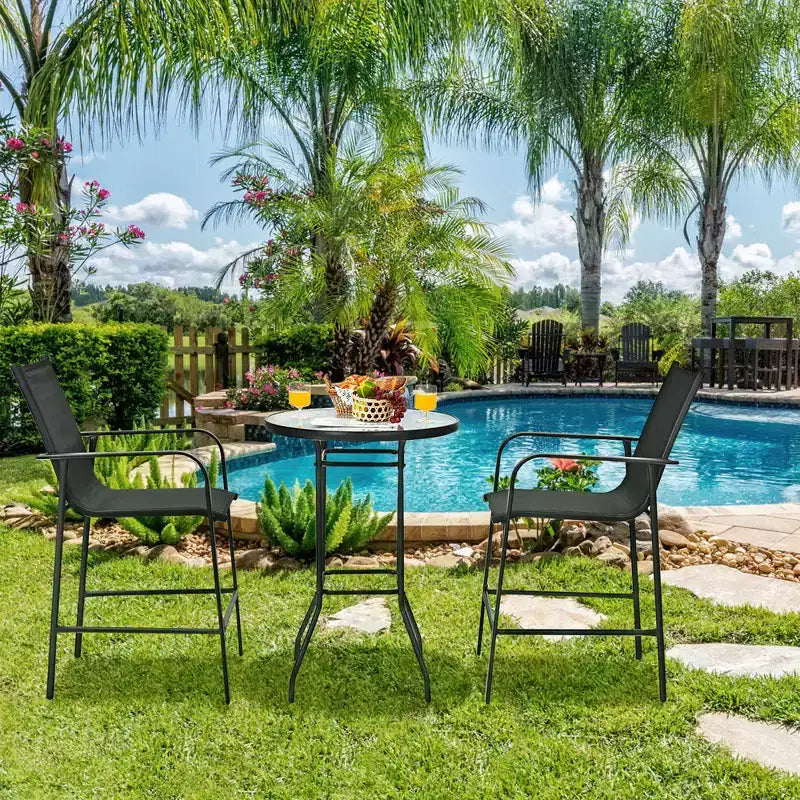 Costway 3 PCS Outdoor Patio Bar Table Stool Set Height Tempered Glass Top