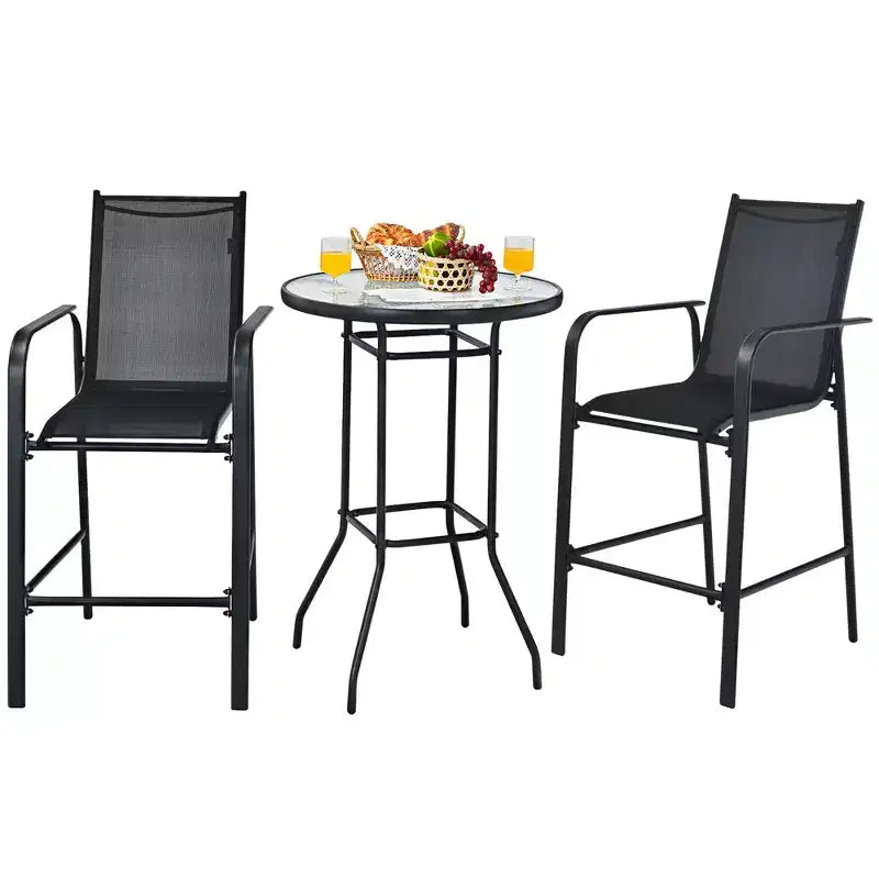Costway 3 PCS Outdoor Patio Bar Table Stool Set Height Tempered Glass Top
