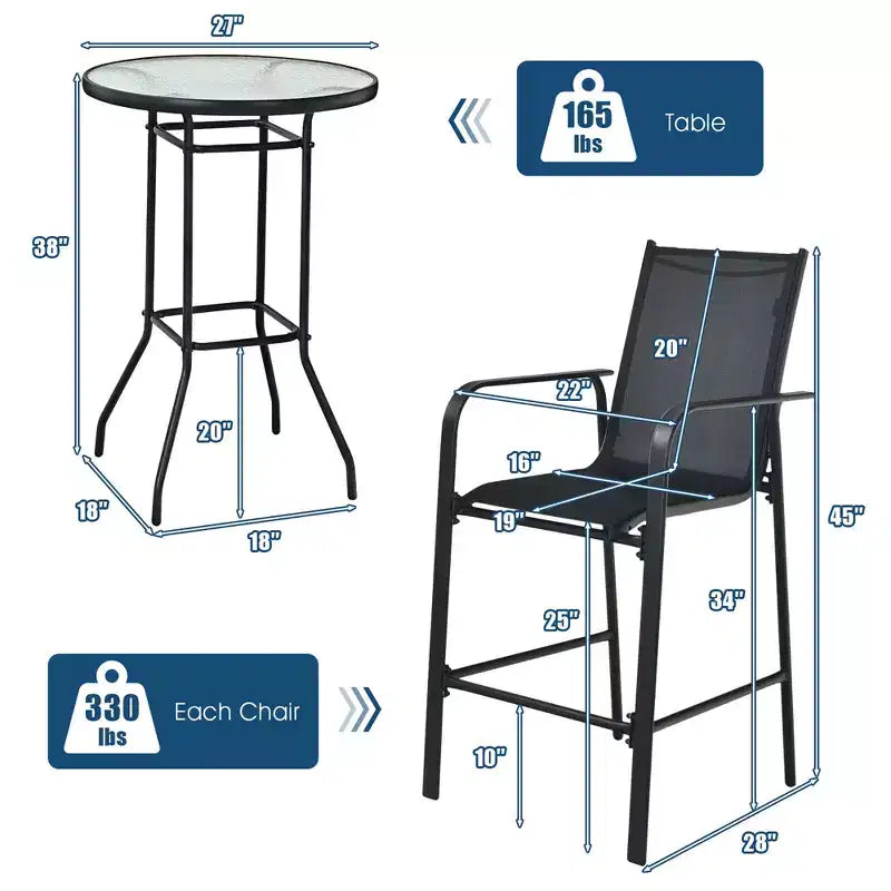 Costway 3 PCS Outdoor Patio Bar Table Stool Set Height Tempered Glass Top