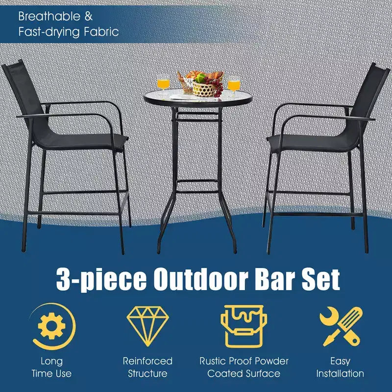 Costway 3 PCS Outdoor Patio Bar Table Stool Set Height Tempered Glass Top