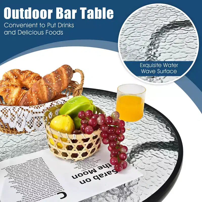 Costway 3 PCS Outdoor Patio Bar Table Stool Set Height Tempered Glass Top