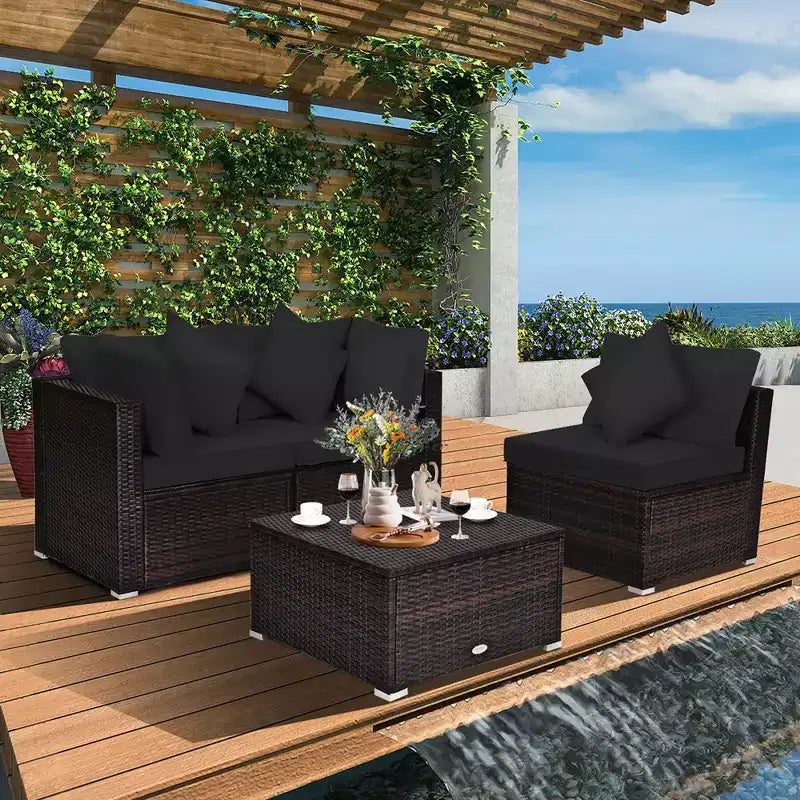 Costway 4PCS Patio Rattan Furniture Set Sofa Ottoman Cushion Garden Deck Black