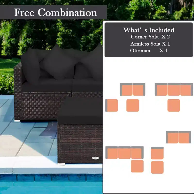 Costway 4PCS Patio Rattan Furniture Set Sofa Ottoman Cushion Garden Deck Black