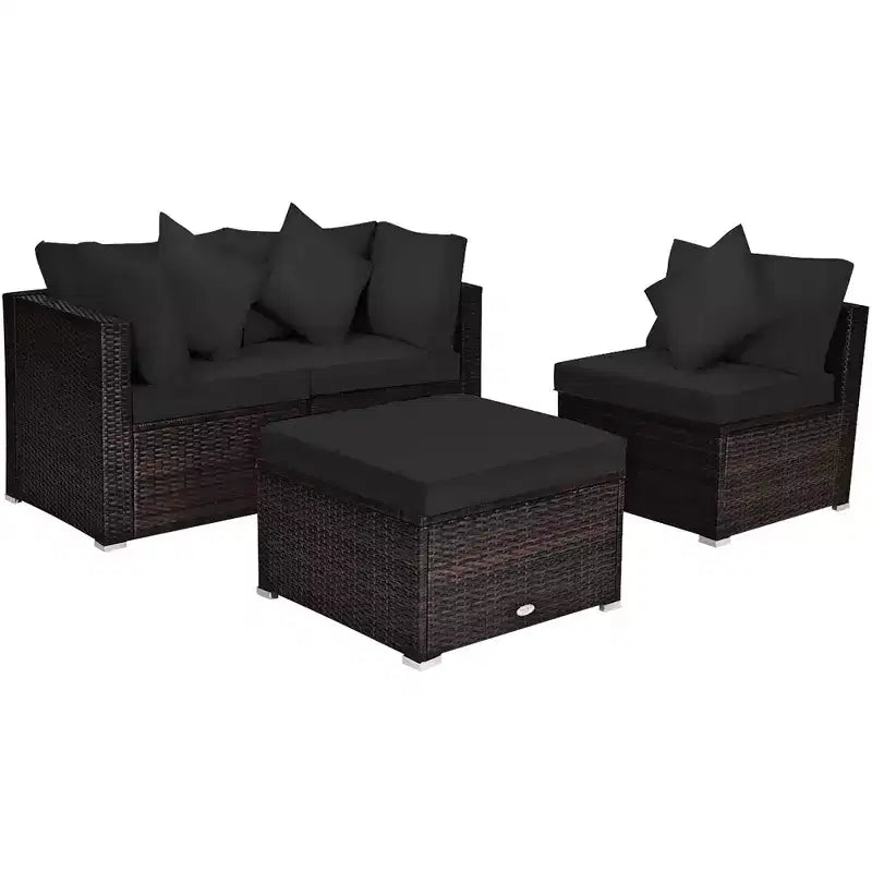 Costway 4PCS Patio Rattan Furniture Set Sofa Ottoman Cushion Garden Deck Black