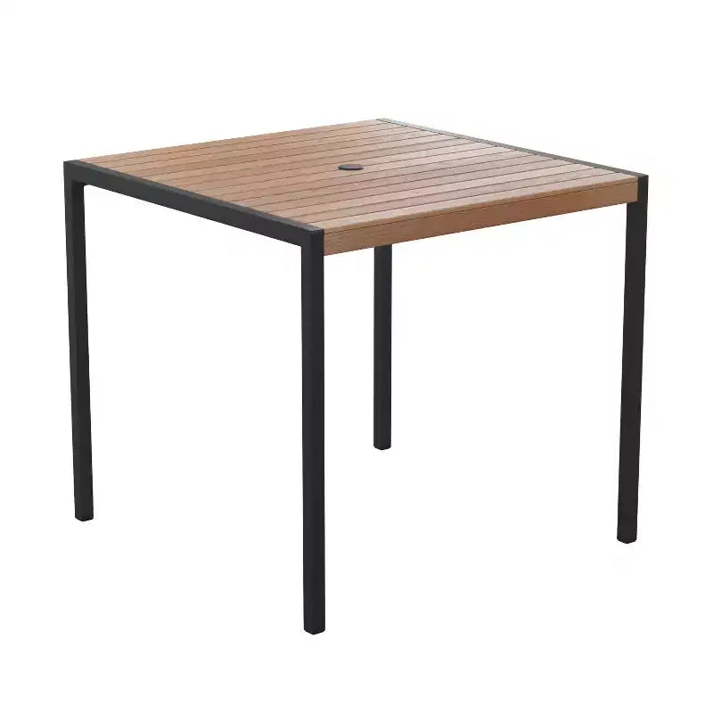 Emma and Oliver 3 Piece Patio Table Set - Synthetic Teak Poly Slats - 35 Square Steel Framed Table with 2 Faux Teak Stackable Chairs