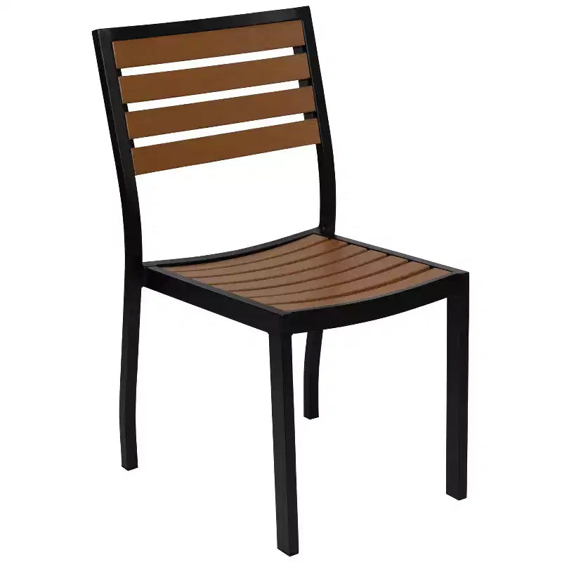 Emma and Oliver 3 Piece Patio Table Set - Synthetic Teak Poly Slats - 35 Square Steel Framed Table with 2 Faux Teak Stackable Chairs