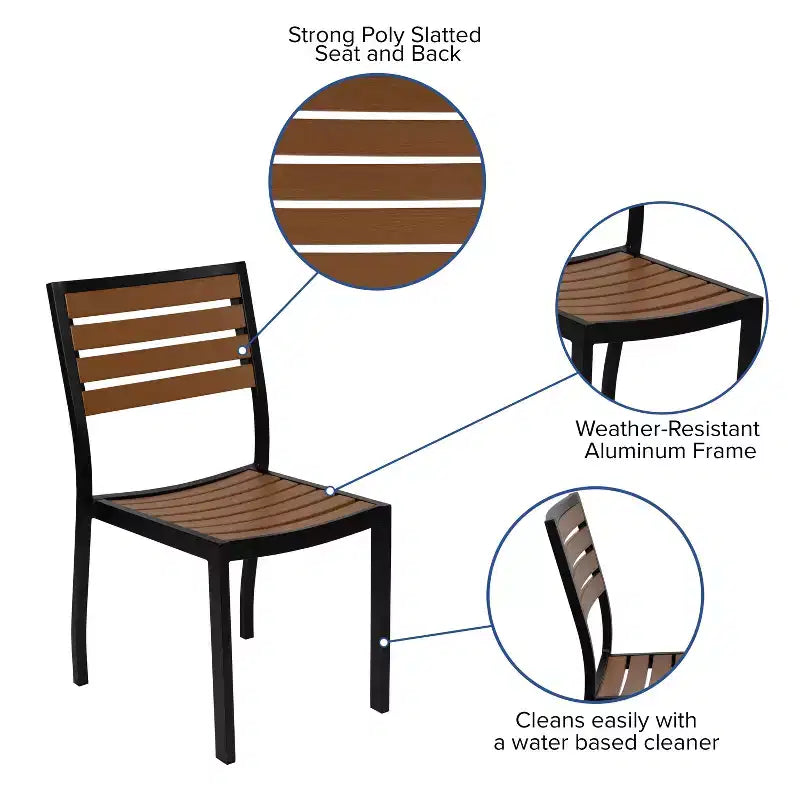 Emma and Oliver 3 Piece Patio Table Set - Synthetic Teak Poly Slats - 35 Square Steel Framed Table with 2 Faux Teak Stackable Chairs