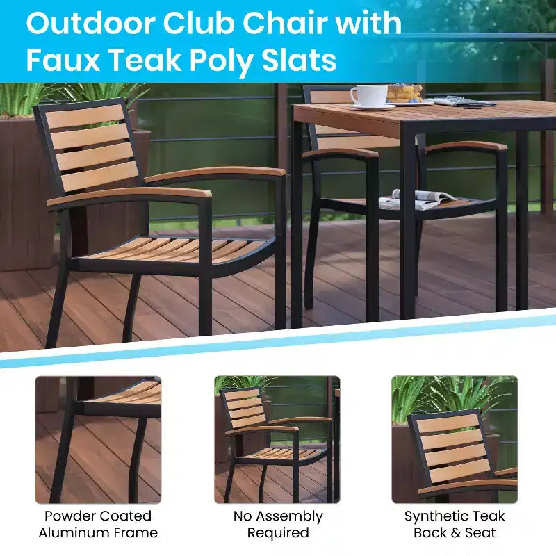 Emma and Oliver7 Piece Patio Table Set - 4 Synthetic Faux Teak Stackable Chairs - Faux Teak Table - Umbrella with Base