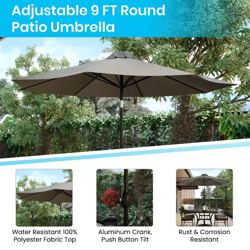 Emma and Oliver7 Piece Patio Table Set - 4 Synthetic Faux Teak Stackable Chairs - Faux Teak Table - Umbrella with Base