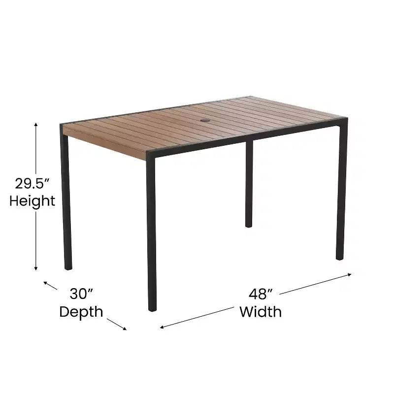 Emma and Oliver7 Piece Patio Table Set - 4 Synthetic Faux Teak Stackable Chairs - Faux Teak Table - Umbrella with Base