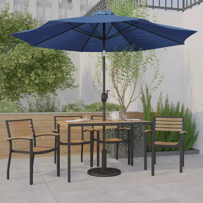 Emma and Oliver7 Piece Patio Table Set - 4 Synthetic Faux Teak Stackable Chairs - Faux Teak Table - Umbrella with Base