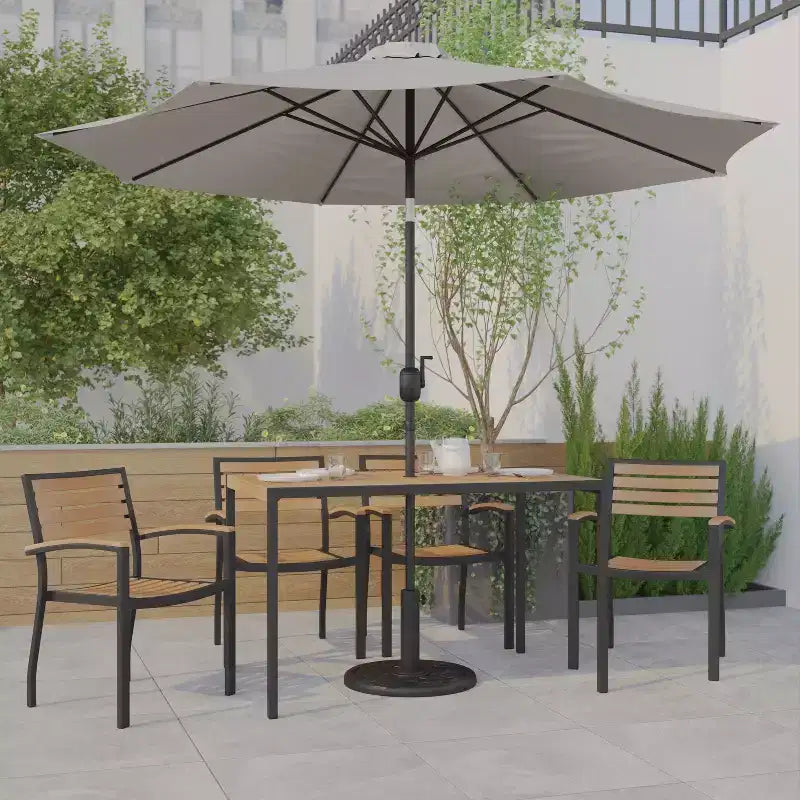 Emma and Oliver7 Piece Patio Table Set - 4 Synthetic Faux Teak Stackable Chairs - Faux Teak Table - Umbrella with Base