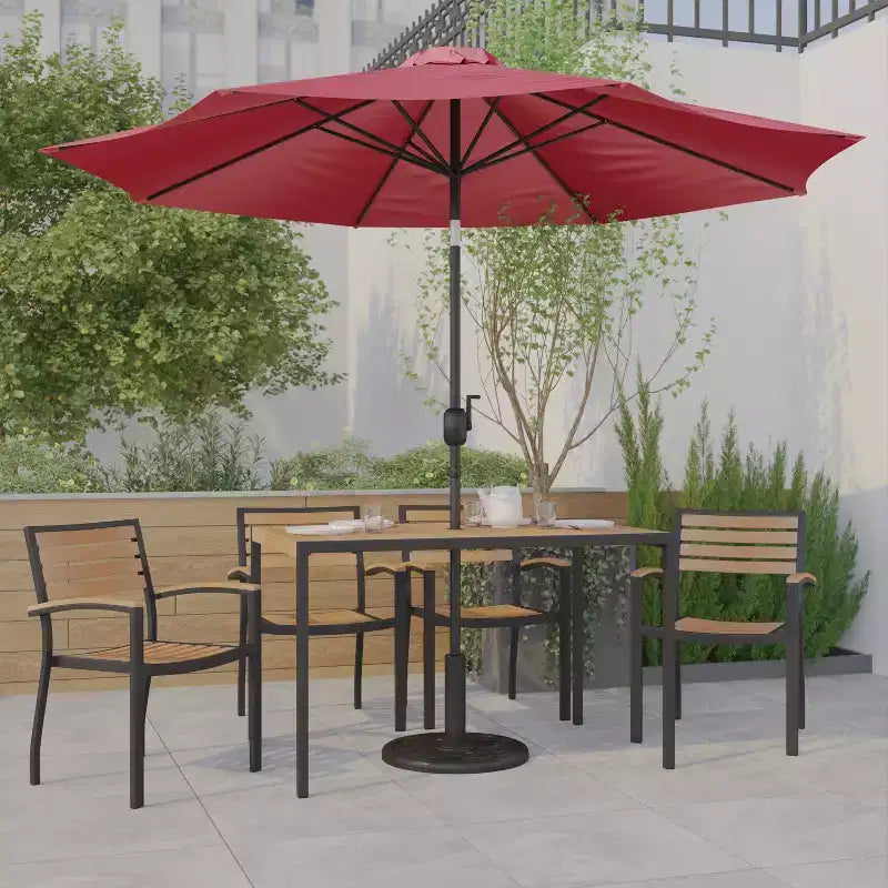 Emma and Oliver7 Piece Patio Table Set - 4 Synthetic Faux Teak Stackable Chairs - Faux Teak Table - Umbrella with Base
