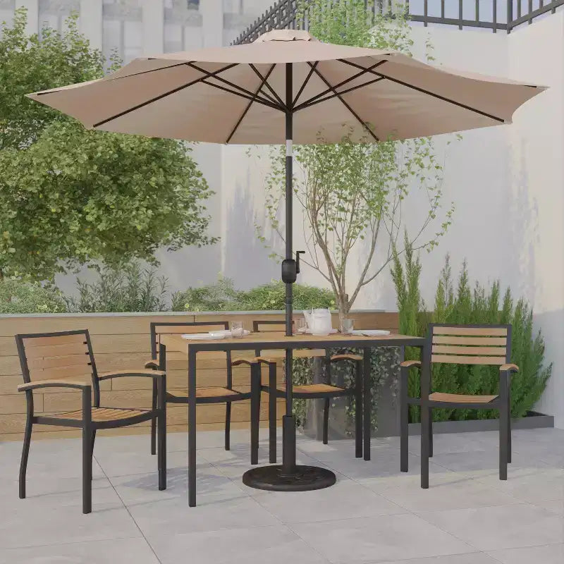 Emma and Oliver7 Piece Patio Table Set - 4 Synthetic Faux Teak Stackable Chairs - Faux Teak Table - Umbrella with Base