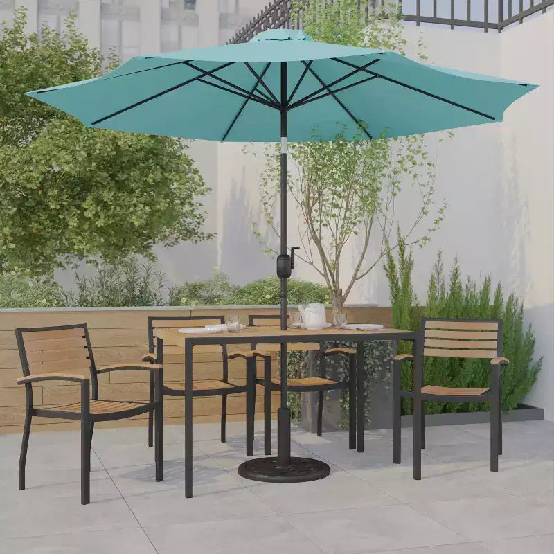 Emma and Oliver7 Piece Patio Table Set - 4 Synthetic Faux Teak Stackable Chairs - Faux Teak Table - Umbrella with Base
