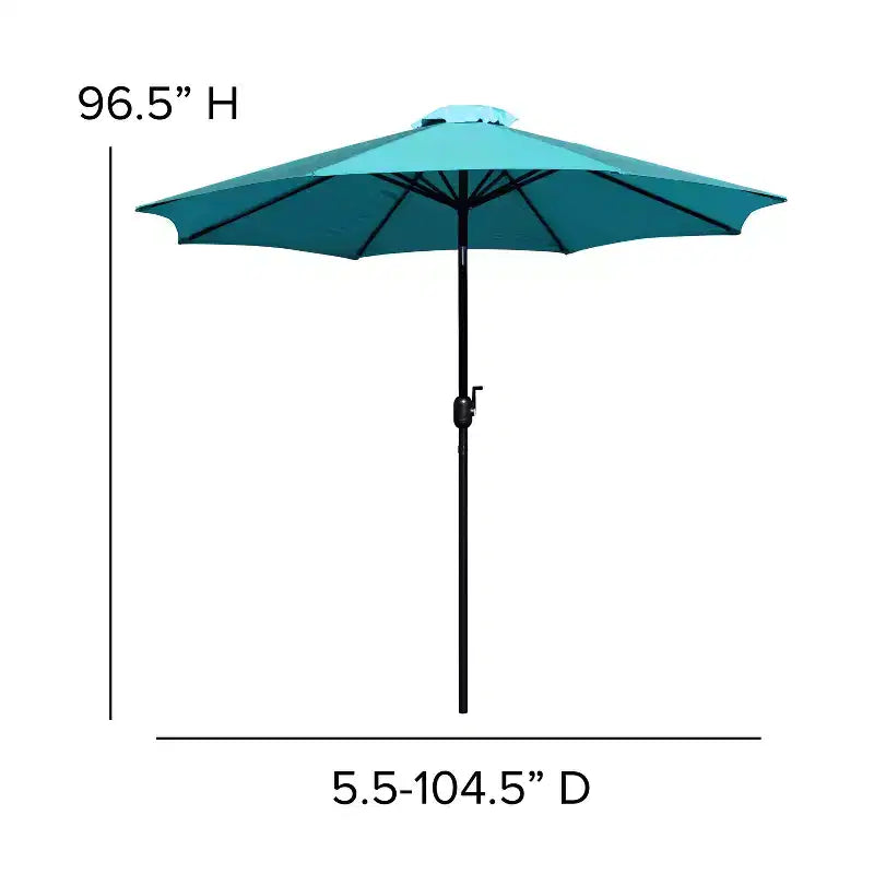 Emma and Oliver7 Piece Patio Table Set - 4 Synthetic Faux Teak Stackable Chairs - Faux Teak Table - Umbrella with Base