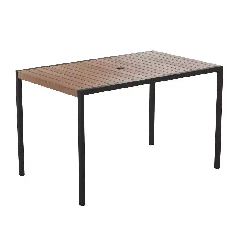 Emma and Oliver7 Piece Patio Table Set - 4 Synthetic Faux Teak Stackable Chairs - Faux Teak Table - Umbrella with Base