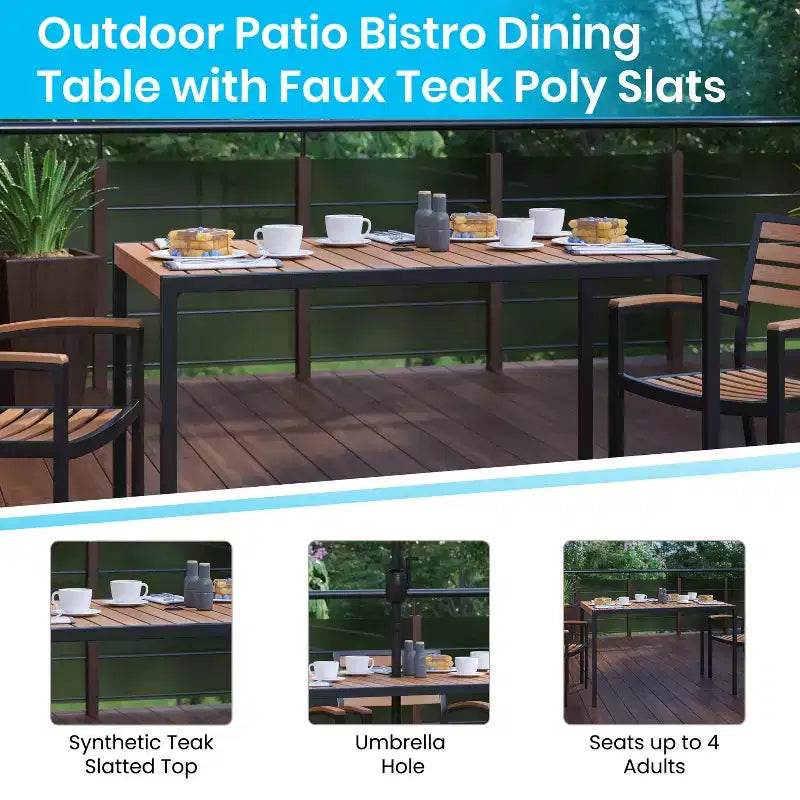 Emma and Oliver7 Piece Patio Table Set - 4 Synthetic Faux Teak Stackable Chairs - Faux Teak Table - Umbrella with Base