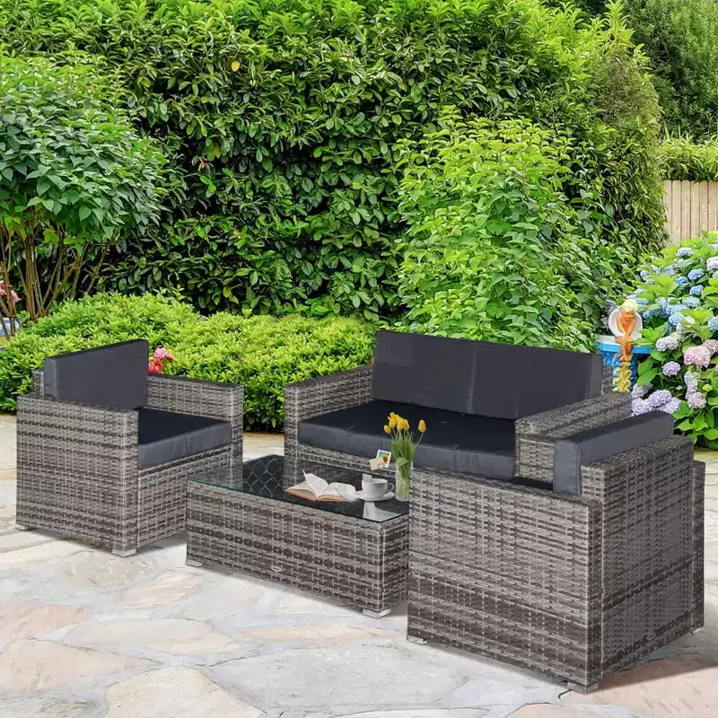 Outsunny 4-Piece Rattan Wicker Furniture Set, Outdoor Cushioned Conversation Furniture with 2 Chairs, Loveseat, and Glass Coffee Table