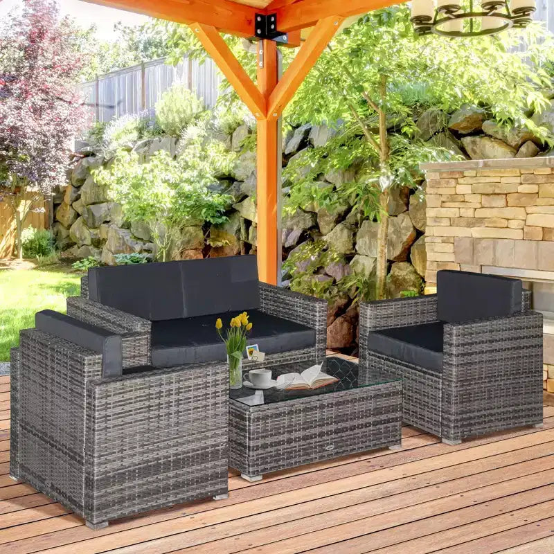 Outsunny 4-Piece Rattan Wicker Furniture Set, Outdoor Cushioned Conversation Furniture with 2 Chairs, Loveseat, and Glass Coffee Table