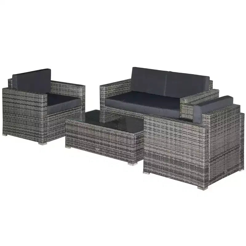 Outsunny 4-Piece Rattan Wicker Furniture Set, Outdoor Cushioned Conversation Furniture with 2 Chairs, Loveseat, and Glass Coffee Table