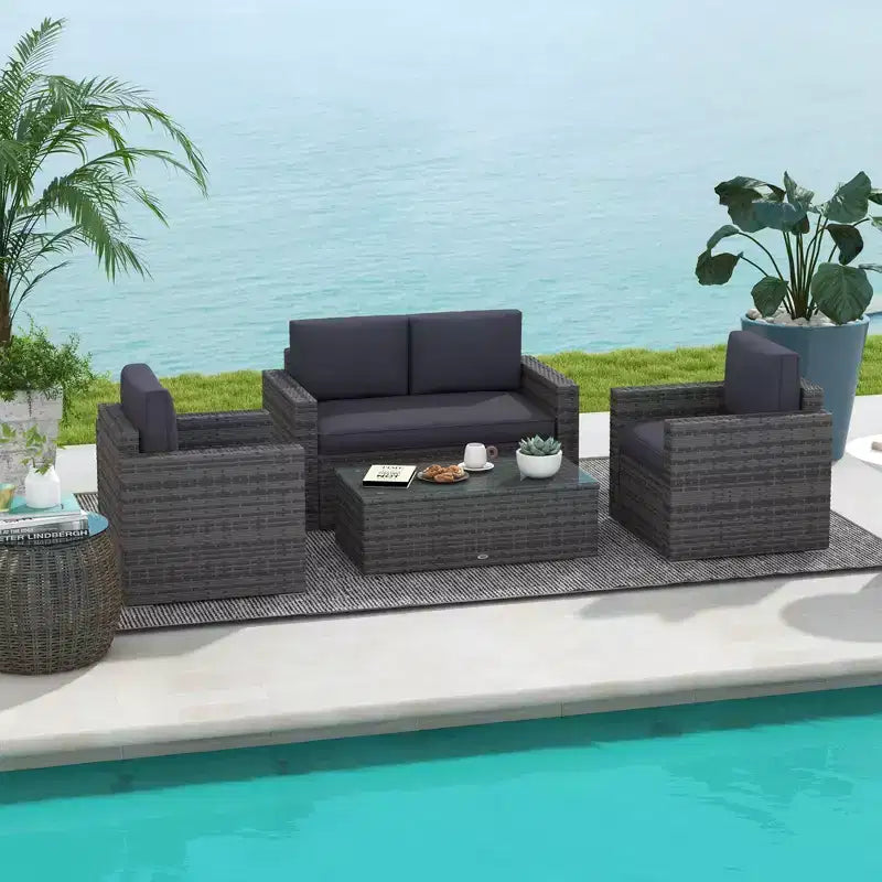 Outsunny 4-Piece Rattan Wicker Furniture Set, Outdoor Cushioned Conversation Furniture with 2 Chairs, Loveseat, and Glass Coffee Table