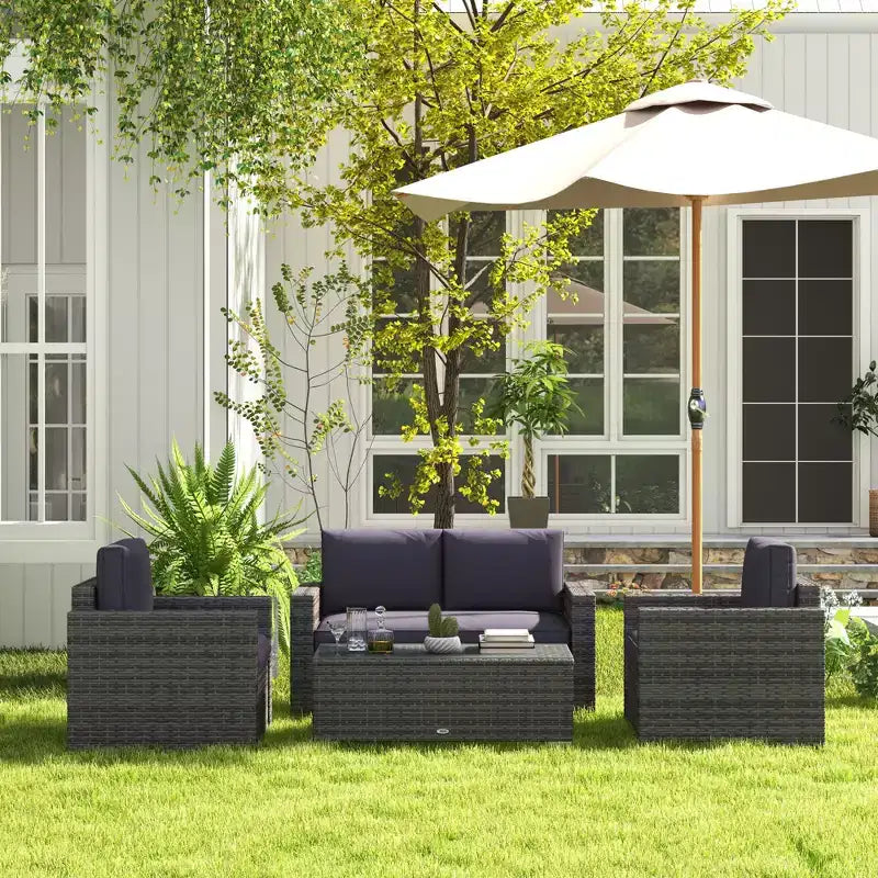 Outsunny 4-Piece Rattan Wicker Furniture Set, Outdoor Cushioned Conversation Furniture with 2 Chairs, Loveseat, and Glass Coffee Table