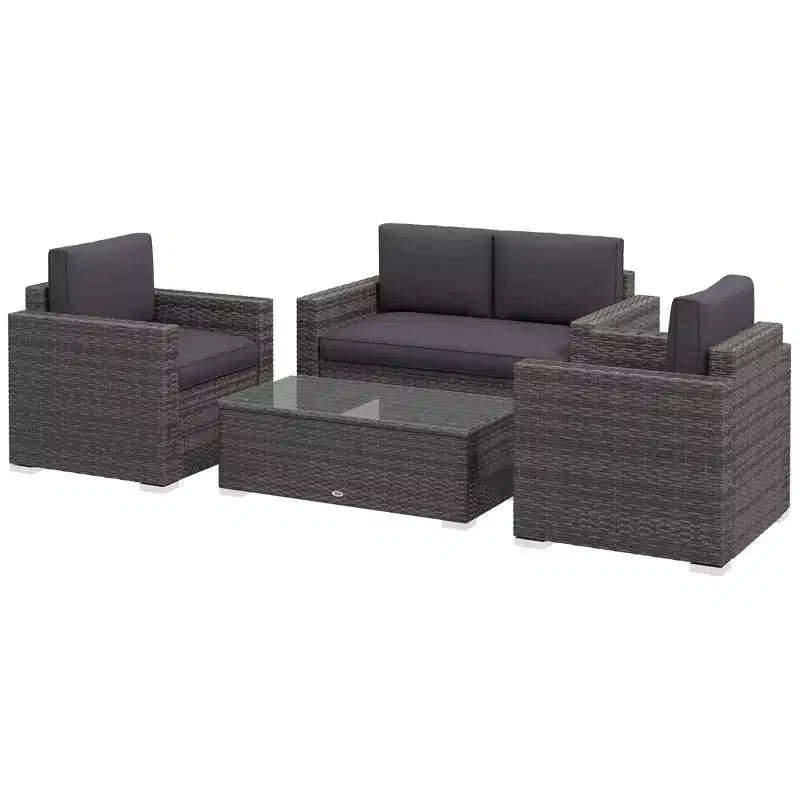 Outsunny 4-Piece Rattan Wicker Furniture Set, Outdoor Cushioned Conversation Furniture with 2 Chairs, Loveseat, and Glass Coffee Table