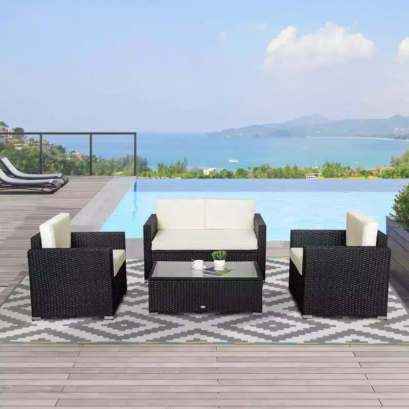 Outsunny 4-Piece Rattan Wicker Furniture Set, Outdoor Cushioned Conversation Furniture with 2 Chairs, Loveseat, and Glass Coffee Table