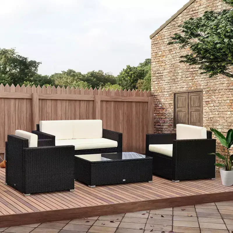 Outsunny 4-Piece Rattan Wicker Furniture Set, Outdoor Cushioned Conversation Furniture with 2 Chairs, Loveseat, and Glass Coffee Table