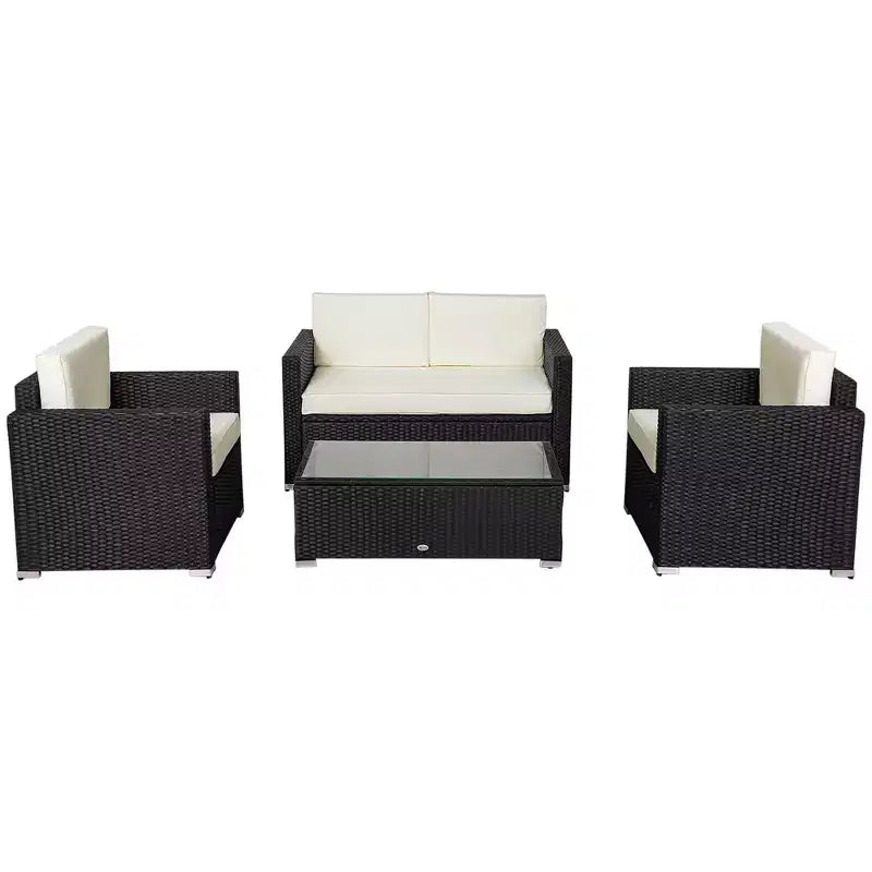 Outsunny 4-Piece Rattan Wicker Furniture Set, Outdoor Cushioned Conversation Furniture with 2 Chairs, Loveseat, and Glass Coffee Table