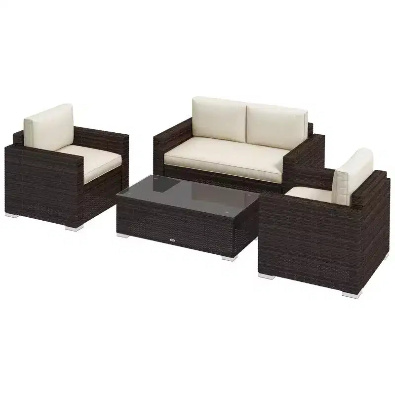 Outsunny 4-Piece Rattan Wicker Furniture Set, Outdoor Cushioned Conversation Furniture with 2 Chairs, Loveseat, and Glass Coffee Table
