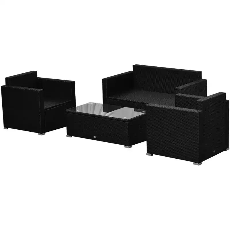 Outsunny 4-Piece Rattan Wicker Furniture Set, Outdoor Cushioned Conversation Furniture with 2 Chairs, Loveseat, and Glass Coffee Table