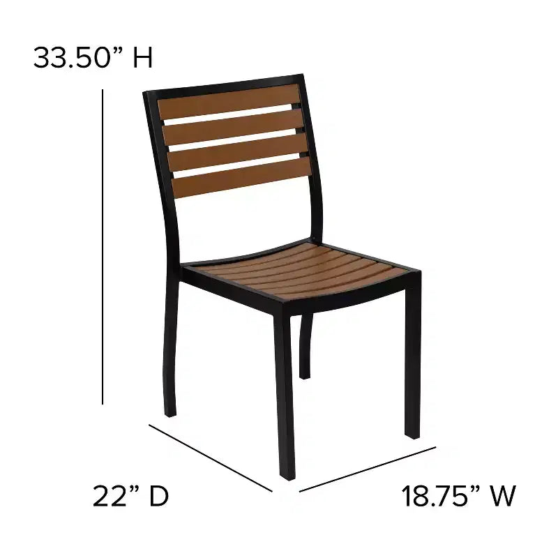 Merrick Lane Five Piece Faux Teak Patio Dining Set - Table, Two Armless Stacking Club Chairs, 9' Gray Umbrella and Base