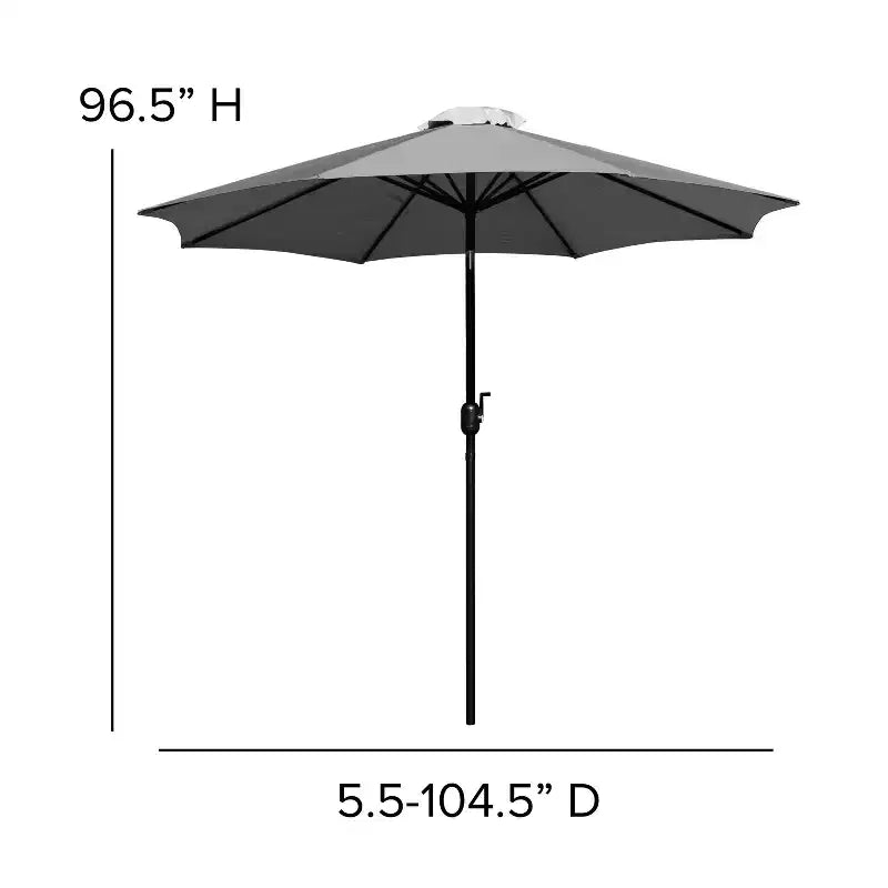 Merrick Lane Five Piece Faux Teak Patio Dining Set - Table, Two Armless Stacking Club Chairs, 9' Gray Umbrella and Base