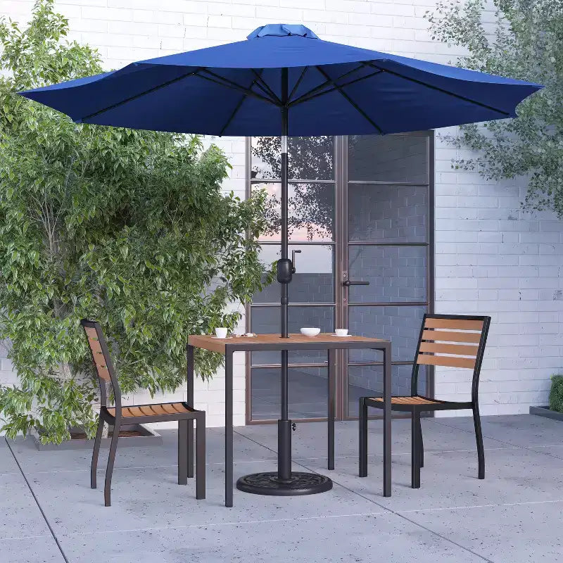 Merrick Lane Five Piece Faux Teak Patio Dining Set - Table, Two Armless Stacking Club Chairs, 9' Gray Umbrella and Base