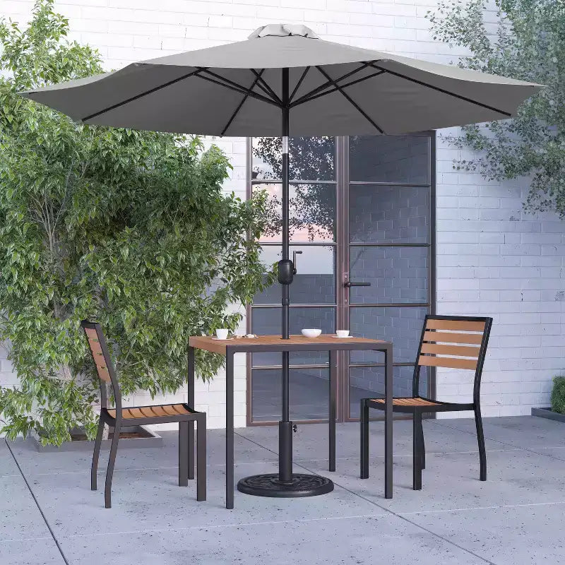Merrick Lane Five Piece Faux Teak Patio Dining Set - Table, Two Armless Stacking Club Chairs, 9' Gray Umbrella and Base