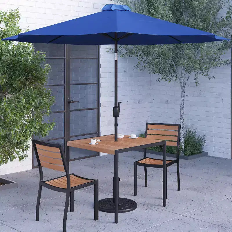 Merrick Lane Five Piece Faux Teak Patio Dining Set - Table, Two Armless Stacking Club Chairs, 9' Gray Umbrella and Base