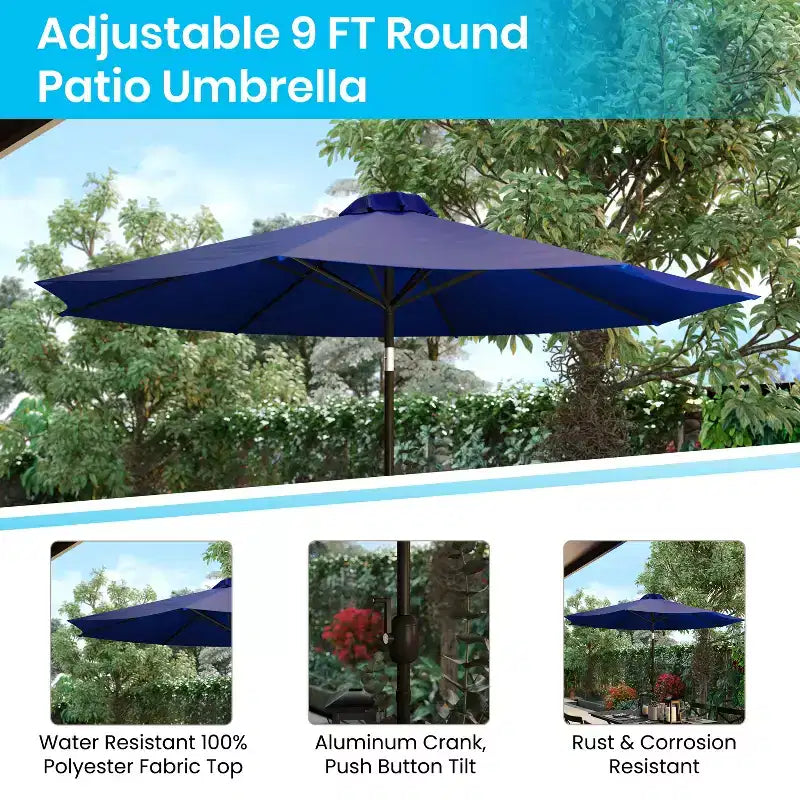 Merrick Lane Five Piece Faux Teak Patio Dining Set - Table, Two Armless Stacking Club Chairs, 9' Gray Umbrella and Base