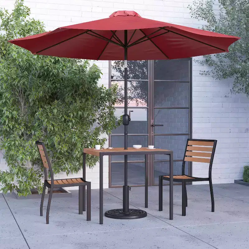 Merrick Lane Five Piece Faux Teak Patio Dining Set - Table, Two Armless Stacking Club Chairs, 9' Gray Umbrella and Base