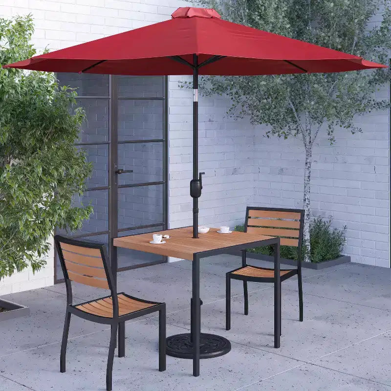 Merrick Lane Five Piece Faux Teak Patio Dining Set - Table, Two Armless Stacking Club Chairs, 9' Gray Umbrella and Base
