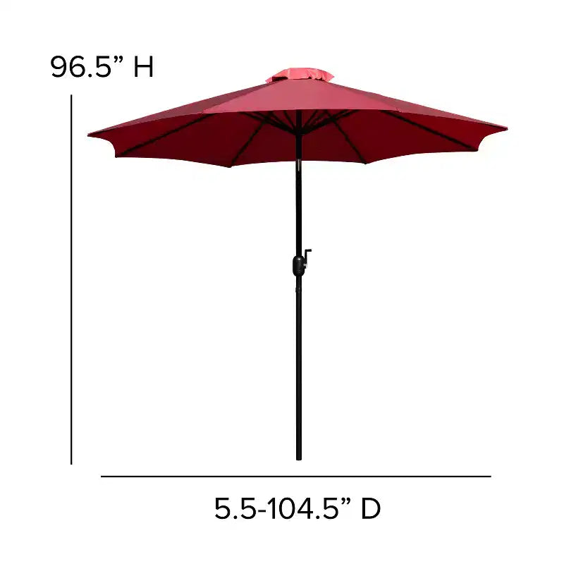Merrick Lane Five Piece Faux Teak Patio Dining Set - Table, Two Armless Stacking Club Chairs, 9' Gray Umbrella and Base