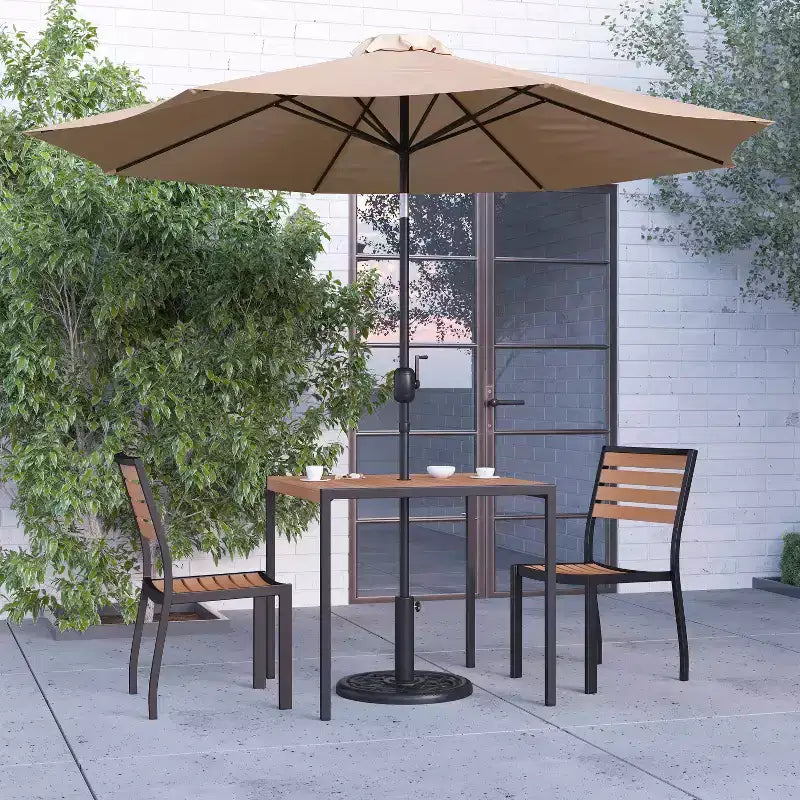 Merrick Lane Five Piece Faux Teak Patio Dining Set - Table, Two Armless Stacking Club Chairs, 9' Gray Umbrella and Base