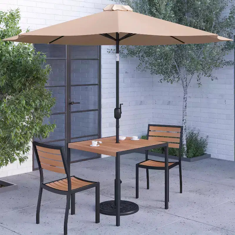 Merrick Lane Five Piece Faux Teak Patio Dining Set - Table, Two Armless Stacking Club Chairs, 9' Gray Umbrella and Base