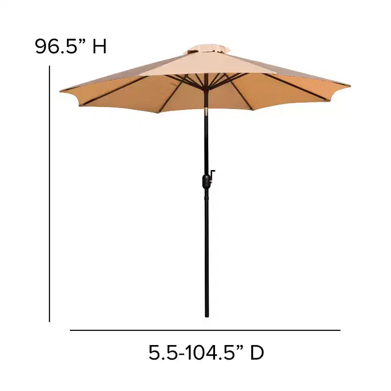 Merrick Lane Five Piece Faux Teak Patio Dining Set - Table, Two Armless Stacking Club Chairs, 9' Gray Umbrella and Base