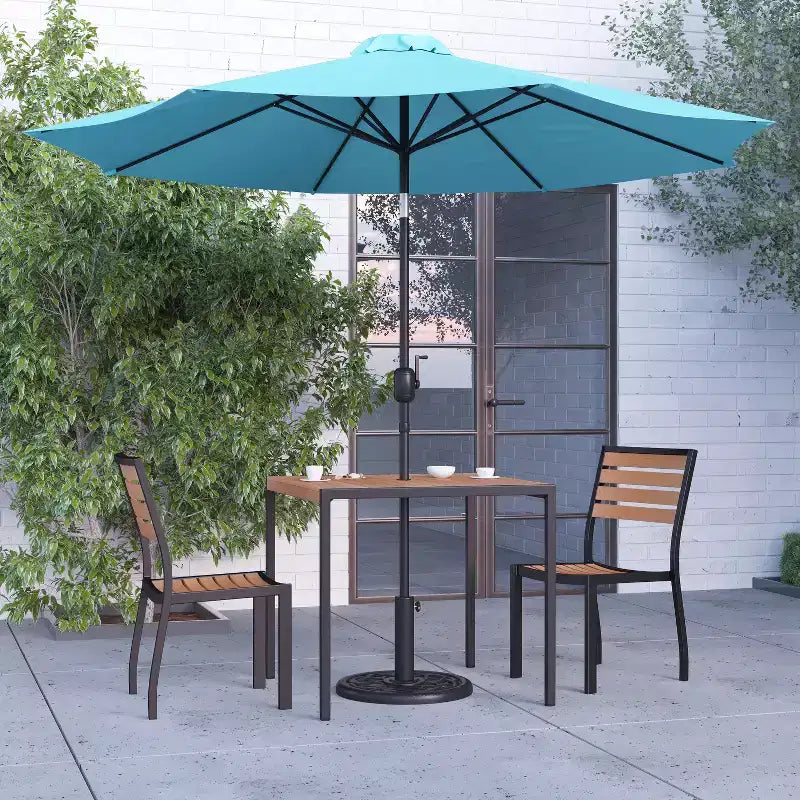 Merrick Lane Five Piece Faux Teak Patio Dining Set - Table, Two Armless Stacking Club Chairs, 9' Gray Umbrella and Base
