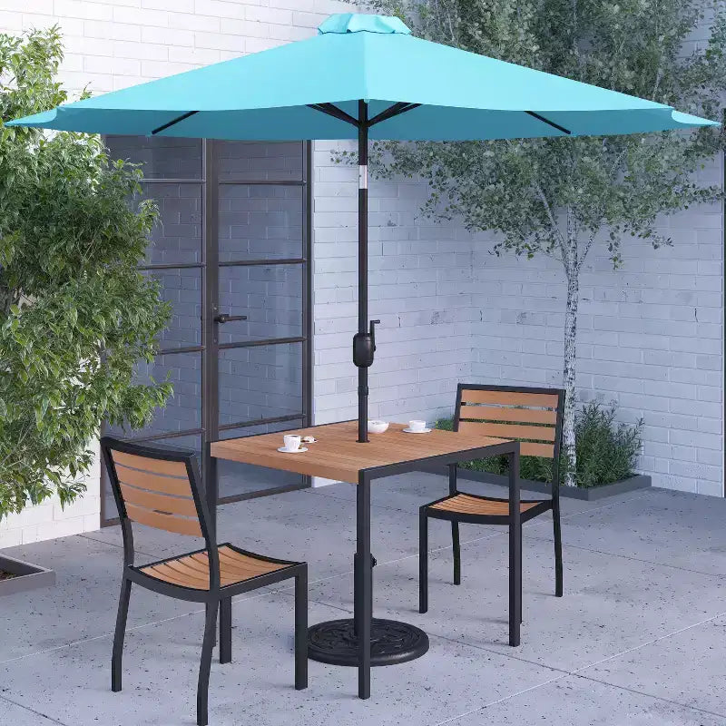 Merrick Lane Five Piece Faux Teak Patio Dining Set - Table, Two Armless Stacking Club Chairs, 9' Gray Umbrella and Base