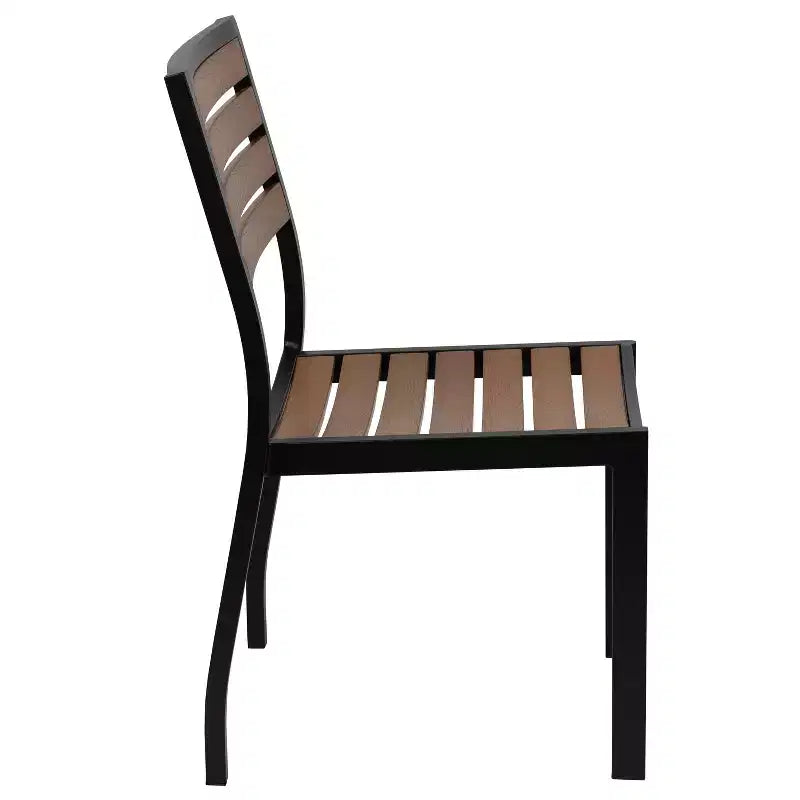Merrick Lane Five Piece Faux Teak Patio Dining Set - Table, Two Armless Stacking Club Chairs, 9' Gray Umbrella and Base
